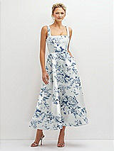 Front View Thumbnail - Cottage Rose Larkspur Floral Square Neck Satin Midi Dress with Full Skirt & Pockets