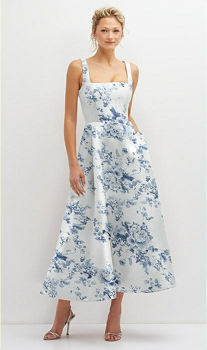 knee length dresses for ladies Teagan Floral Hand Crochet Midi Dress / Blue | Meshki main image 1