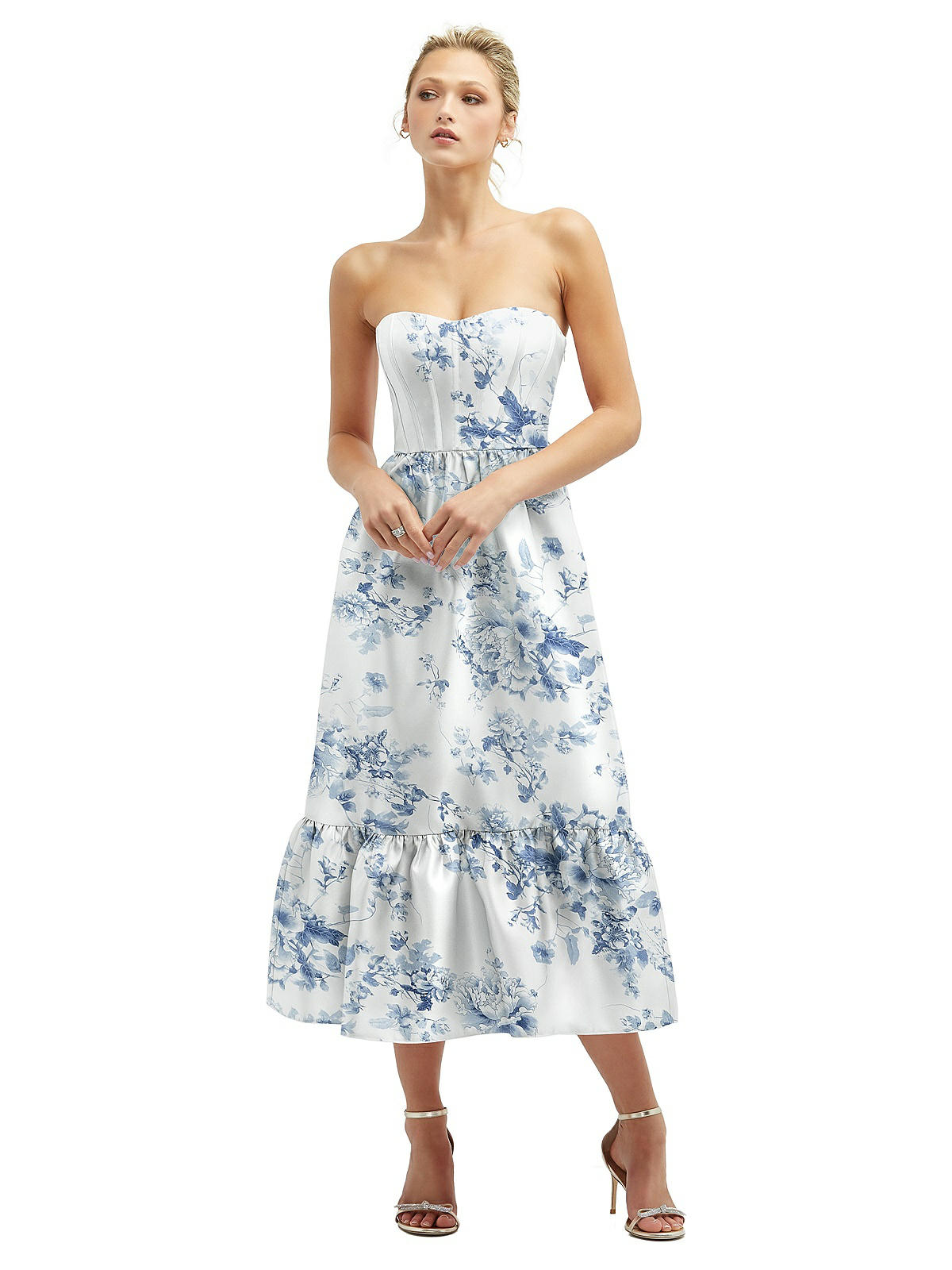 Floral Satin Strapless Midi Corset Bridesmaid Dress With Lace-up Back &  Ruffle Hem In Cottage Rose Larkspur | The Dessy Group