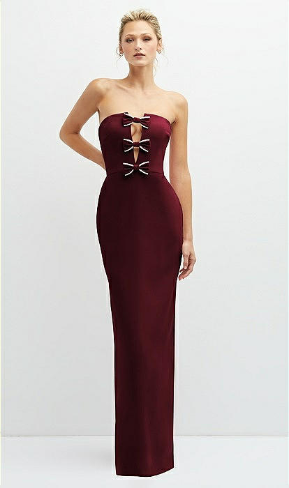 Rhinestone Bow Trimmed Peek-a-Boo Deep-V Maxi Dress with Pencil Skirt