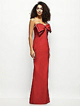 Side View Thumbnail - Poppy Red Strapless Satin Column Maxi Dress with Oversized Handcrafted Bow