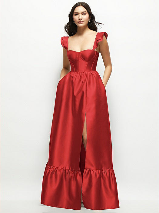 Satin Corset Maxi Dress with Ruffle Straps & Skirt