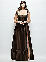 Alt View 1 Thumbnail - Espresso Satin Corset Maxi Dress with Ruffle Straps & Skirt