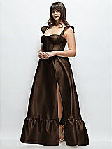 Alt View 2 Thumbnail - Espresso Satin Corset Maxi Dress with Ruffle Straps & Skirt