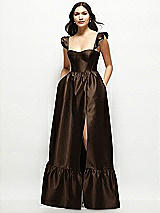 Front View Thumbnail - Espresso Satin Corset Maxi Dress with Ruffle Straps & Skirt