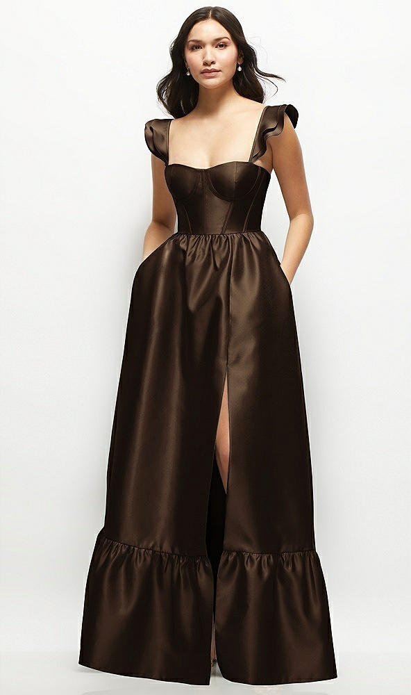 Front View - Espresso Satin Corset Maxi Dress with Ruffle Straps & Skirt