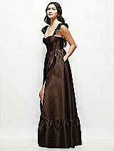 Side View Thumbnail - Espresso Satin Corset Maxi Dress with Ruffle Straps & Skirt