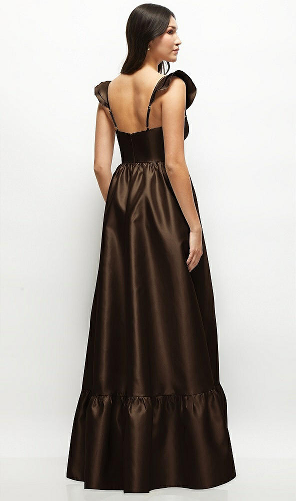Back View - Espresso Satin Corset Maxi Dress with Ruffle Straps & Skirt