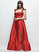 Alt View 2 Thumbnail - Poppy Red Satin Corset Maxi Dress with Ruffle Straps & Skirt