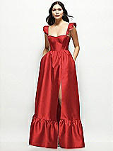 Front View Thumbnail - Poppy Red Satin Corset Maxi Dress with Ruffle Straps & Skirt