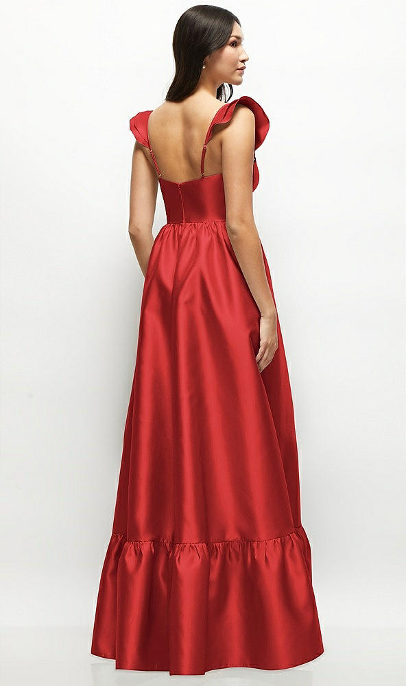 Back View - Poppy Red Satin Corset Maxi Dress with Ruffle Straps & Skirt