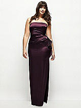 Front View Thumbnail - Deep Plum Strapless Draped Skirt Satin Maxi Dress with Cascade Ruffle