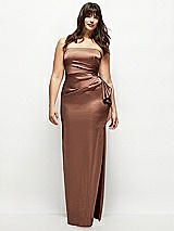 Front View Thumbnail - Cognac Strapless Draped Skirt Satin Maxi Dress with Cascade Ruffle