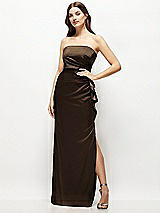 Alt View 1 Thumbnail - Espresso Strapless Draped Skirt Satin Maxi Dress with Cascade Ruffle
