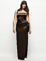 Front View Thumbnail - Espresso Strapless Draped Skirt Satin Maxi Dress with Cascade Ruffle