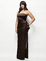 Side View Thumbnail - Espresso Strapless Draped Skirt Satin Maxi Dress with Cascade Ruffle