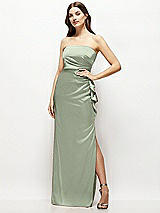 Alt View 1 Thumbnail - Sage Strapless Draped Skirt Satin Maxi Dress with Cascade Ruffle