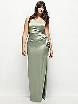 Front View Thumbnail - Sage Strapless Draped Skirt Satin Maxi Dress with Cascade Ruffle