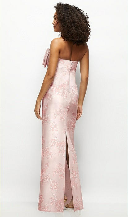 Strapless Floral Satin Column Maxi Bridesmaid Dress With Oversized Bow In Bow And Blossom Print | The Dessy Group Strapless Floral Satin Column Maxi Bridesmaid Dress With Oversized Bow In Bow And Blossom Print | The Dessy Group