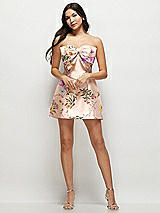 Front View Thumbnail - Butterfly Botanica Pink Sand Strapless Bell Skirt Floral Satin Mini Dress with Oversized Bow