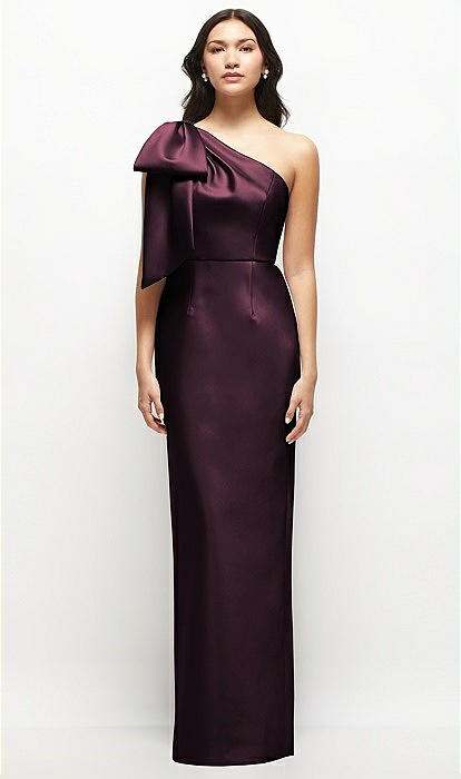 Oversized Bow One-shoulder Satin Column Maxi Bridesmaid Dress In Deep Plum  | The Dessy Group