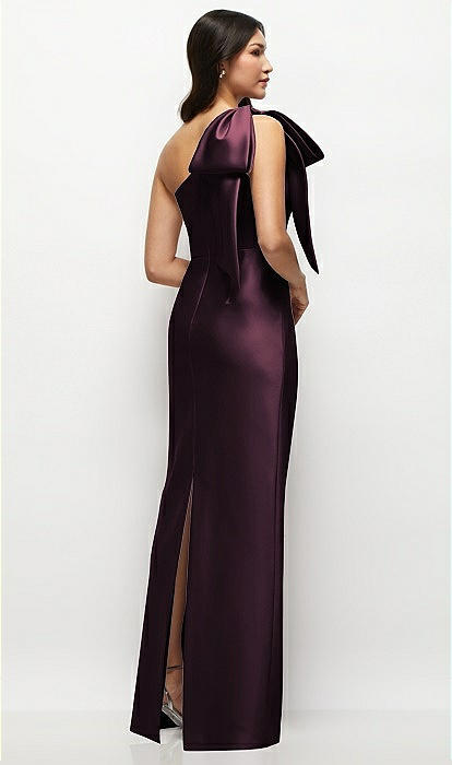 Oversized Bow One-shoulder Satin Column Maxi Bridesmaid Dress In Deep Plum | The Dessy Group Oversized Bow One-shoulder Satin Column Maxi Bridesmaid Dress In Deep Plum | The Dessy Group