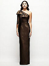 Front View Thumbnail - Espresso Oversized Bow One-Shoulder Satin Column Maxi Dress