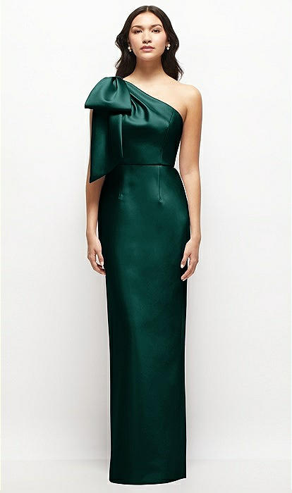 Oversized Bow One-shoulder Satin Column Maxi Bridesmaid Dress In