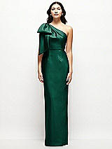 Front View Thumbnail - Hunter Green Oversized Bow One-Shoulder Satin Column Maxi Dress