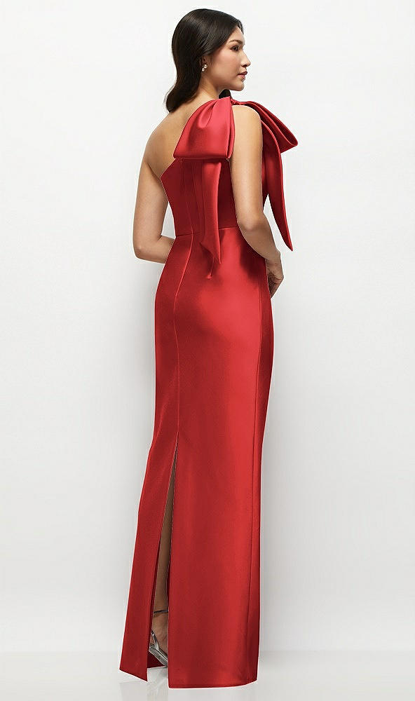 Back View - Poppy Red Oversized Bow One-Shoulder Satin Column Maxi Dress