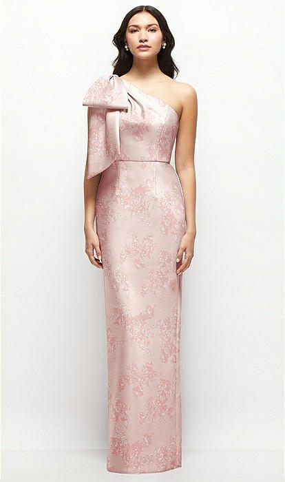 Oversized Bow One-shoulder Floral Satin Column Maxi Bridesmaid