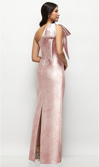 Oversized Bow One-shoulder Floral Satin Column Maxi Bridesmaid