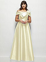 Alt View 1 Thumbnail - Butter Yellow Asymmetrical Bow Off-Shoulder Satin Gown with Ballroom Skirt