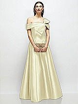 Front View Thumbnail - Butter Yellow Asymmetrical Bow Off-Shoulder Satin Gown with Ballroom Skirt