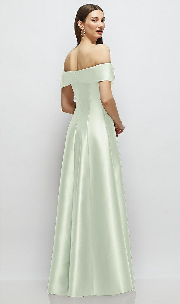 Back View - Mint Green Asymmetrical Bow Off-Shoulder Satin Gown with Ballroom Skirt