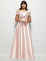 Alt View 1 Thumbnail - Blush Asymmetrical Bow Off-Shoulder Satin Gown with Ballroom Skirt