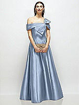 Front View Thumbnail - Cloudy Asymmetrical Bow Off-Shoulder Satin Gown with Ballroom Skirt