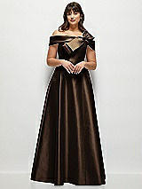 Alt View 1 Thumbnail - Espresso Asymmetrical Bow Off-Shoulder Satin Gown with Ballroom Skirt