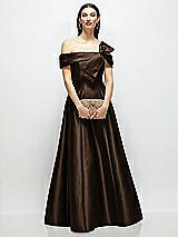 Front View Thumbnail - Espresso Asymmetrical Bow Off-Shoulder Satin Gown with Ballroom Skirt