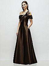 Side View Thumbnail - Espresso Asymmetrical Bow Off-Shoulder Satin Gown with Ballroom Skirt