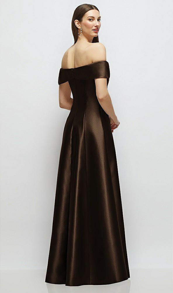 Back View - Espresso Asymmetrical Bow Off-Shoulder Satin Gown with Ballroom Skirt