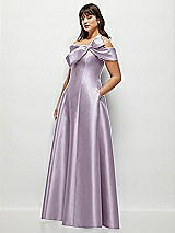Alt View 3 Thumbnail - Lilac Haze Asymmetrical Bow Off-Shoulder Satin Gown with Ballroom Skirt