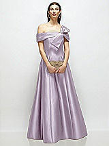 Front View Thumbnail - Lilac Haze Asymmetrical Bow Off-Shoulder Satin Gown with Ballroom Skirt