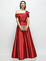 Front View Thumbnail - Poppy Red Asymmetrical Bow Off-Shoulder Satin Gown with Ballroom Skirt
