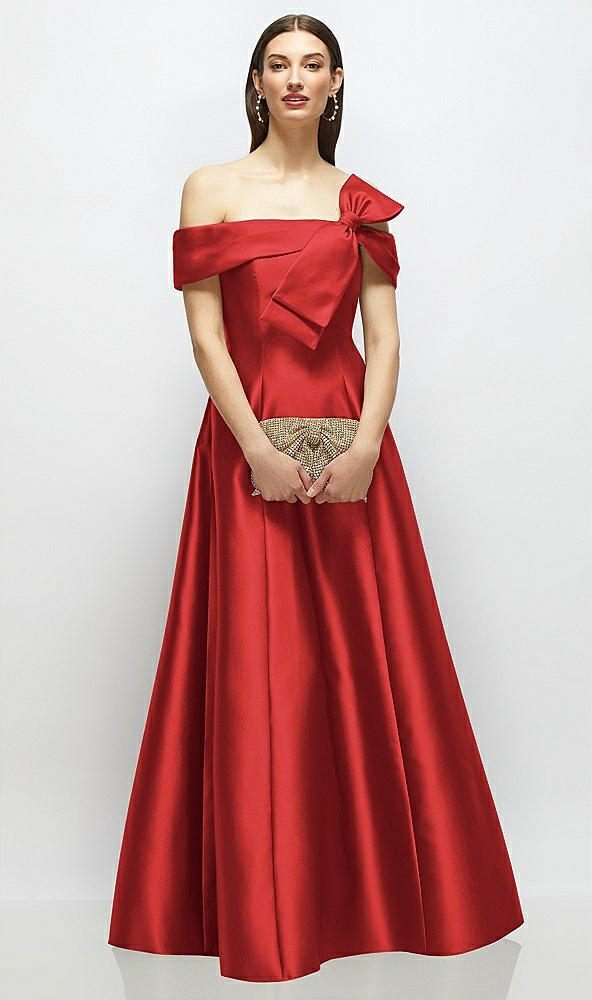 Front View - Poppy Red Asymmetrical Bow Off-Shoulder Satin Gown with Ballroom Skirt