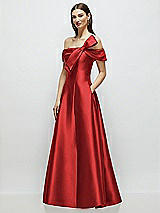 Side View Thumbnail - Poppy Red Asymmetrical Bow Off-Shoulder Satin Gown with Ballroom Skirt