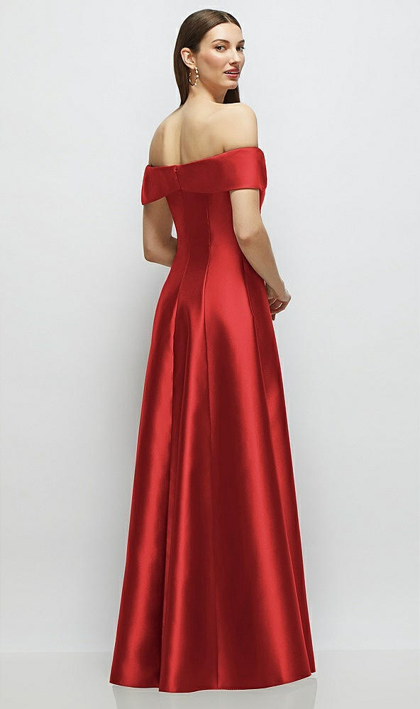 Back View - Poppy Red Asymmetrical Bow Off-Shoulder Satin Gown with Ballroom Skirt