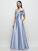 Side View Thumbnail - Sky Blue Asymmetrical Bow Off-Shoulder Satin Gown with Ballroom Skirt