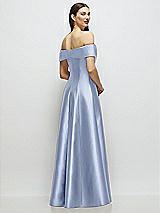 Rear View Thumbnail - Sky Blue Asymmetrical Bow Off-Shoulder Satin Gown with Ballroom Skirt