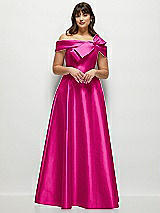 Alt View 1 Thumbnail - Think Pink Asymmetrical Bow Off-Shoulder Satin Gown with Ballroom Skirt